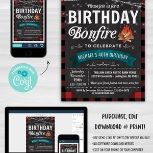 May include: Editable birthday party invitation with a black and white chalkboard background featuring a campfire and the text "Birthday Bonfire" to celebrate Michael's 40th birthday. The invitation includes the date, time, location, and RSVP information. The invitation is surrounded by a red and black buffalo plaid pattern.