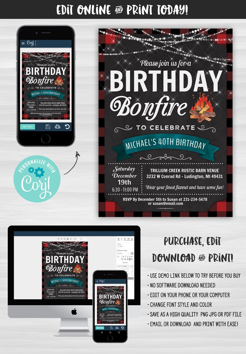 May include: Editable birthday party invitation with a black and white chalkboard background featuring a campfire and the text "Birthday Bonfire" to celebrate Michael's 40th birthday. The invitation includes the date, time, location, and RSVP information. The invitation is surrounded by a red and black buffalo plaid pattern.