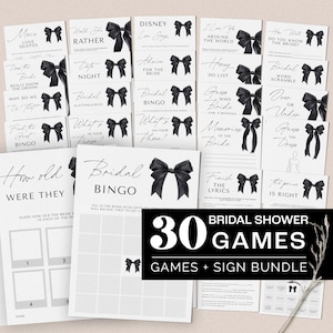 She&#39;s Tying the Knot Bridal Shower Games Bundle - Black Bow Bridal Shower Games Bundle - Coquette Bridal - 5011BDS