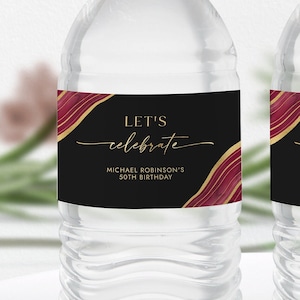 Burgundy Black & Gold Water Bottle Label Template - Water Wrappers - Party Favors - Let&#39;s Celebrate - Editable Digital Download 0300BRG