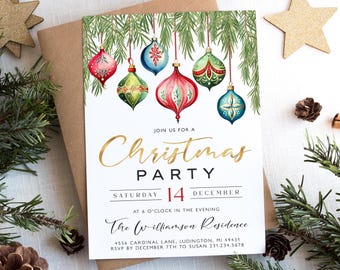 May include: A Christmas party invitation with a white background and gold lettering. The invitation features a watercolour illustration of green pine branches with colourful ornaments hanging from them. The text reads "Join us for a Christmas Party, Saturday 14 December, at 6 o'clock in the evening, The Williamson Residence, 4556 Cardinal Lane, Ludington, MI 49431, RSVP by December 7th to Susan 231.234.5678."