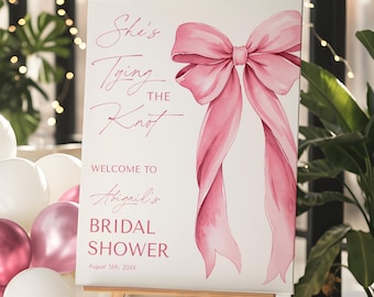 Noeud rose, elle fait le nœud sur le panneau de bienvenue de la douche nuptiale - décoration de shower de mariage moderne ruban rose - téléchargement numérique 5011PBDS