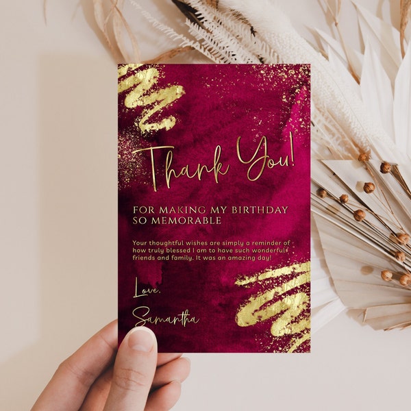 Luxury Maroon Red and Gold Thank You Card Template - Editable Thank You - Ladies Mens Birthday - Digital Download Editable BPG BP148