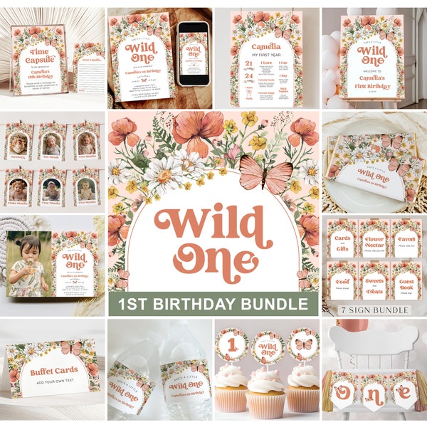 Wildflower 1st Birthday Invitation Bundle - Wildflower Birthday Party - Wild One  Boho 1st Birthday Bundle - Digital and Printable - 1617