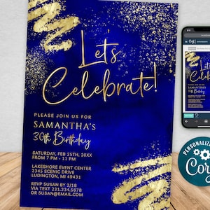 Modèle d'Invitation de fête d'anniversaire bleu royal et or Téléchargement instantané numérique Modifiable pour homme et femme BPG BP147