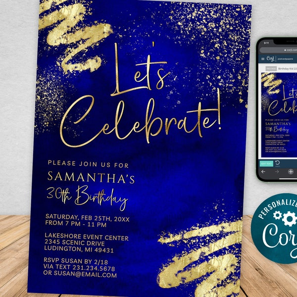 Royal Blue and Gold Birthday Party Invitation Template Digital Instant Download Editable Mens Womens BPG BP147
