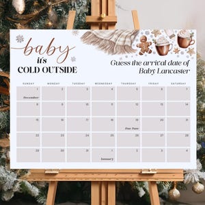 Baby It's Cold Outside Baby Shower Indovina la data di scadenza Modello di cartello - Fiocco di neve invernale Biscotto accogliente Cacao Baby Shower stampabile CP162BBS