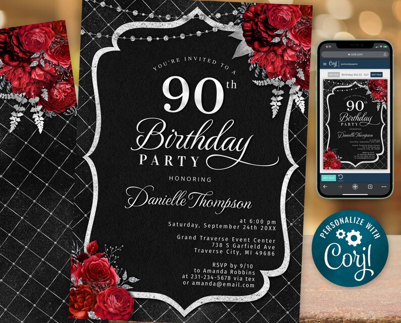 90th Birthday Invitation Template Elegant Invite Black Etsy