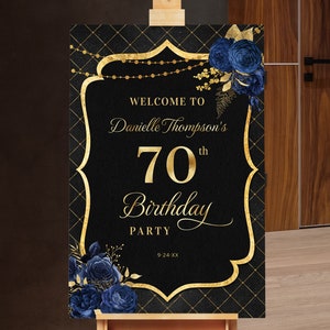 Birthday Welcome Sign Birthday Welcome Poster Black with Navy Blue Roses and Gold Glitter Digital Instant Digital Download BPR BP111