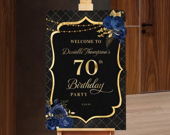 Birthday Welcome Sign Birthday Welcome Poster Black with Navy Blue Roses and Gold Glitter Digital Instant Digital Download BPR BP111