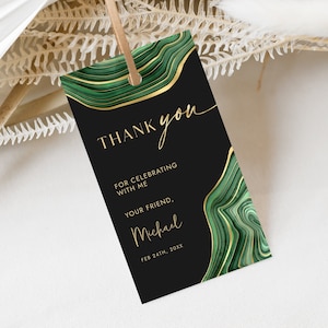 Modelo de etiqueta de lembrancinha verde esmeralda, preto e dourado - Modelo de etiqueta de presente retangular - Etiqueta de lembrancinha de festa - Download digital editável 0300EGG