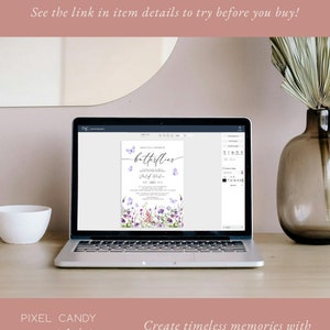 Puede incluir: Una pantalla de computadora port&aacute;til que muestra una plantilla de dise&ntilde;o digital para una invitaci&oacute;n de baby shower. La invitaci&oacute;n presenta una ilustraci&oacute;n de acuarela de mariposas y flores moradas con el texto "Here's to a lifetime of butterflies" y "Baby [Name]" en una fuente cursiva. El dise&ntilde;o est&aacute; sobre un fondo blanco.