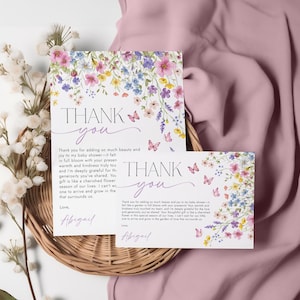 Baby in Bloom Baby Shower Danke Kartenvorlage - Wildblumen Blumen Schmetterling Baby Shower Theme - Bearbeitbar Digitaler Download 5015-BBS
