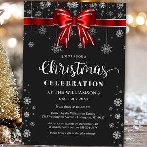 Modello di invito per festa di Natale - Invito per celebrazione di Natale - Festa di Natale rosso argento - Invito di Natale Download IMMEDIATO - CP CP124S