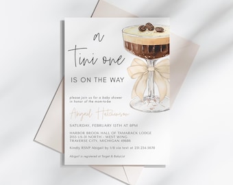 May include: A baby shower invitation with a coffee-themed illustration. The invitation reads "A Tini one is on the way" and includes the date, time, and location of the event. The text also includes the name of the guest of honor, Abigail Hutchinson, and information about RSVPing.