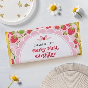 Strawberry 1st  Birthday Candy Bar Wrapper Chocolate Wrapper Template - Strawberry First Birthday - Strawberry Favors - 2110