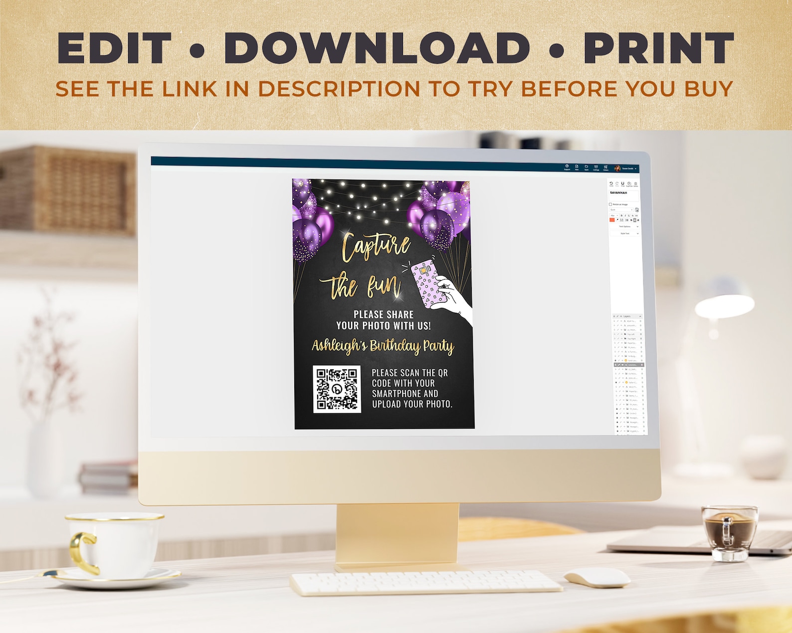 Purple and Gold Birthday QR Code Sign Template - Capture the Fun ...