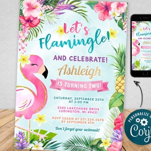 Digital and Printable Flamingo Birthday Party Invitation Flamingo Theme Party, Electronic Invite & Thank You Editable Instant Download FPTY