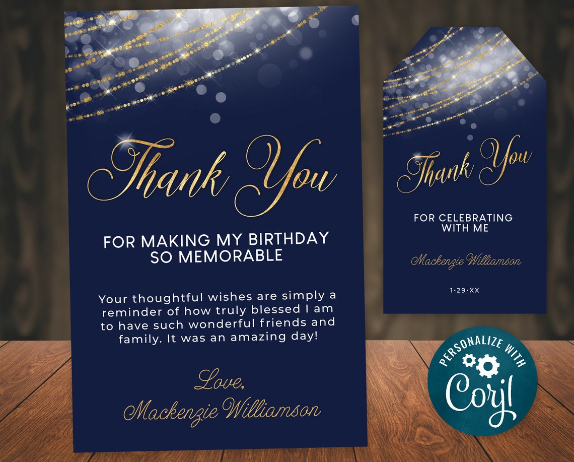 Navy Blue and Gold Thank You Card and Gift Tag Template, Glitter ...