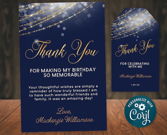 Navy Blue and Gold Thank You Card and Gift Tag Template - Etsy