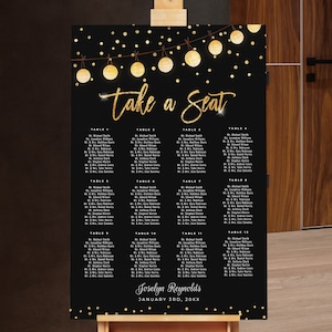 Geburtstags-Sitzplan Schwarz Gold Glitzer Lichter Party Sitzplan Digitaler SOFORT-Download Bearbeitbar Herren Damen B95