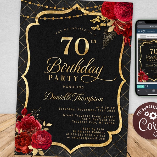 70th Birthday Invitation Template - Elegant Invite - Black with Red Roses and Gold Glitter - Instant Download BPR BP110