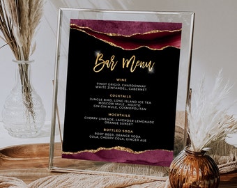 Plantilla de menú de barra de vino tinto y dorado burdeos - Menú de bebidas Plantilla de menú de evento Descarga digital instantánea Imprimible Editable AGT APBRLG
