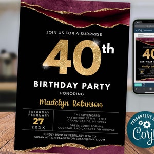 40th  Birthday Invite FORTY - Burgundy Red Gold Glitter, Adult Birthday Invite Digital Instant Download Editable, AGT APBRLG