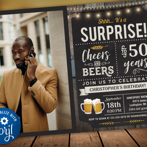 50th Cheers and Beers Surprise Birthday Party Photo Invitation - FIFTY - Digital INSTANT Download Editable Adult Mens CBBP