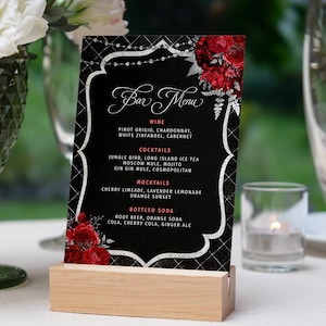 Modèle de menu de bar noir et argent avec roses rouges - Menu de l'événement avec boisson Téléchargement instantané numérique Imprimable modifiable BPR BP120