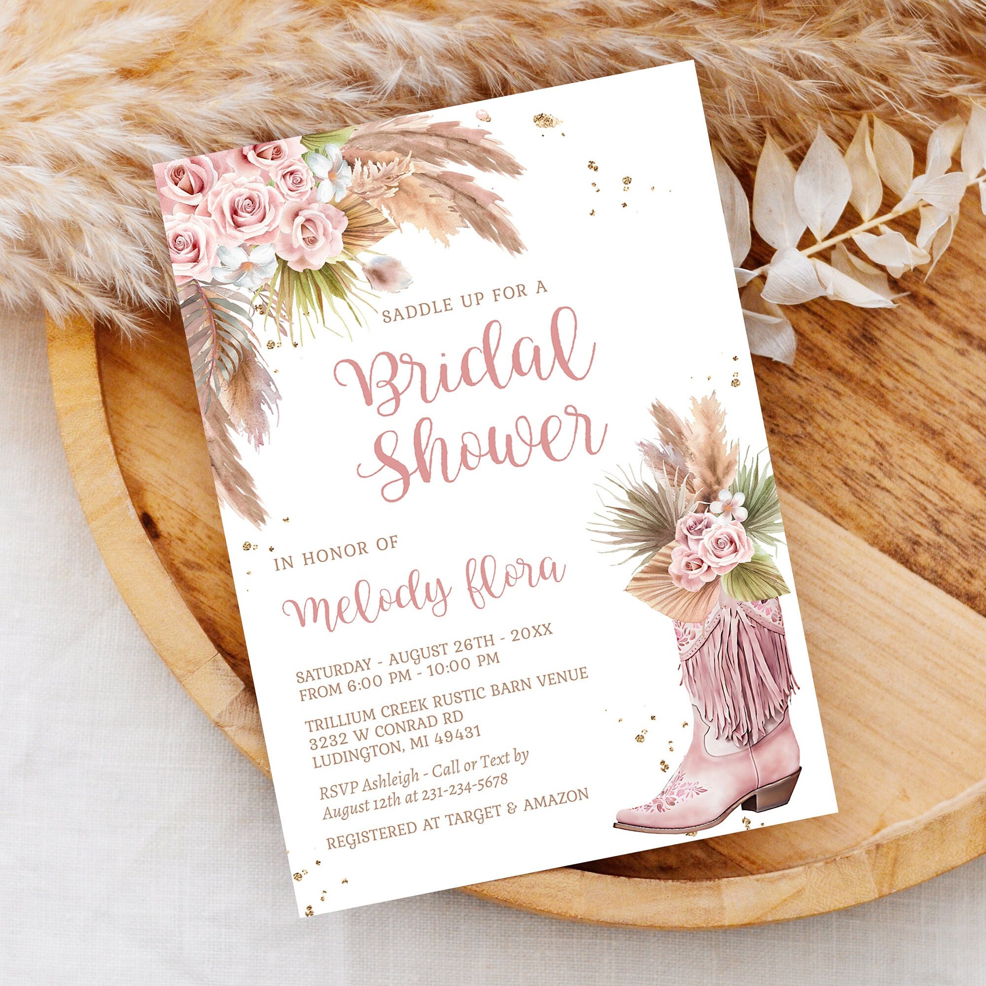 Editable Cowgirl Boot Bridal Shower Invitation With Pampas Grass and ...
