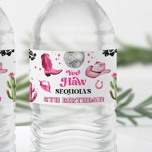 Editable Space Cowgirl Water Bottle Label Template - Pink Disco Cowgirl Party - Nashville Party - Instant Download Editable 0600