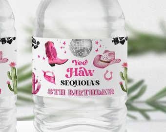 Editable Space Cowgirl Water Bottle Label Template - Pink Disco Cowgirl Party - Nashville Party - Instant Download Editable 0600