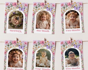Wildflower 1st Birthday Photo Banner Template - Pink + Purple Wildflower Party Decor - Boho Butterfly Wildflower Birthday - Digital - 1617
