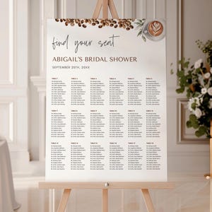 May include: A seating chart for Abigail's bridal shower, displayed on an easel. The top features coffee beans and a latte art design. The text reads "find your seat" and lists guest names by table for September 20th, 20XX.