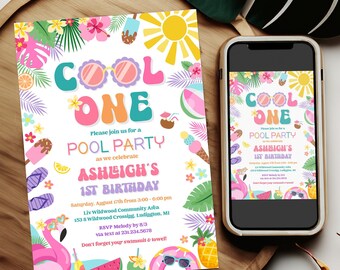 Editable Cool One Birthday Party Invitation - Girl 1st Birthday Invite - Tropical Summer Pool Party - Editable Digital Download - 2002