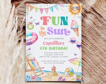 May include: A colorful invitation for a 5th birthday party with the text "Fun in the Sun". The invitation features a beach scene with a beach chair, an umbrella, a sandcastle, a beach ball, and flip flops. The invitation also includes a coconut with a straw, a rainbow ice cream cone, and sunglasses.