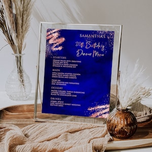 Plantilla de menú para eventos en azul real y oro rosa - Plantilla de menú de bebidas - Descarga digital instantánea BPG BP149