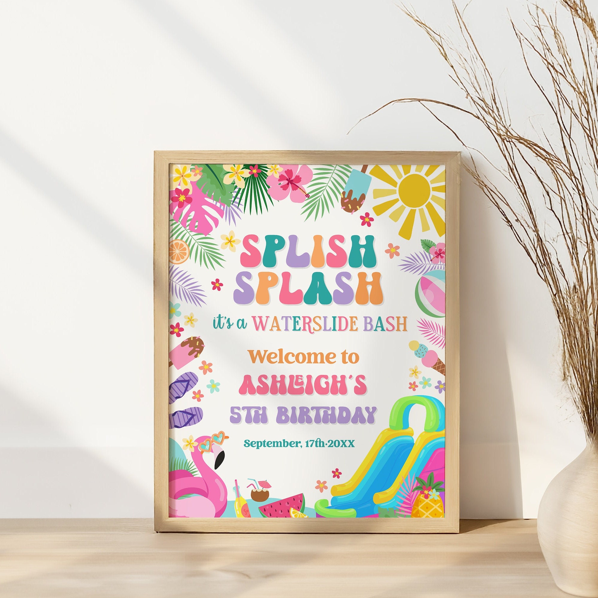 Welcome Splash Text Editable Splish Splash Waterslide Welcome Sign- Tropical Theme Summer ...
