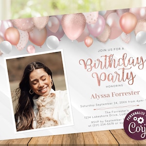Rose Gold Birthday Invitation with Photo - One Photo Birthday Invite - Digital INSTANT download Editable Womens B40 BD40BB