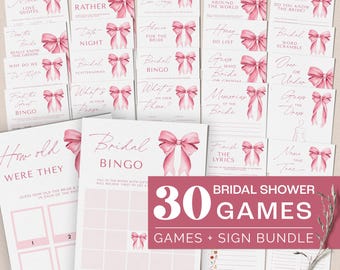 Puede incluir: Un conjunto de 30 juegos imprimibles para la despedida de soltera con lazos rosas. Los juegos incluyen "¿Qué edad tenían", "Bingo de la novia", "Adivina quién es la novia", "Termina la letra", "Nombra esa melodía", y más. El texto "30 Juegos de despedida de soltera" está en letras grandes y negritas.