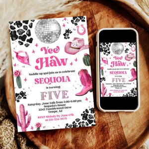 Editable Space Cowgirl Birthday Invitation - Pink Disco Cowgirl Party Invite - Nashville Party - Instant Download Editable 0600