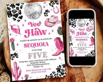 Editable Space Cowgirl Birthday Invitation - Pink Disco Cowgirl Party Invite - Nashville Party - Instant Download Editable 0600