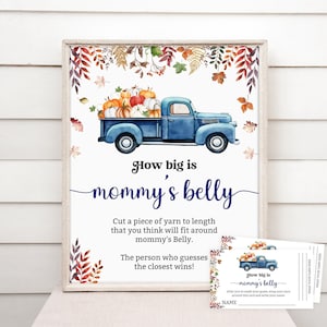 Plantilla de tarjeta y letrero editable para el juego Little Pumpkin What Big is Mommy's Belly - Baby Shower de otoño con camión azul - Descarga digital 0910