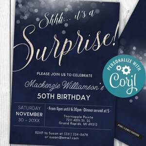 Surprise Birthday Invitation Invite Party ANY AGE Silver Glitter & Dark Blue Digital INSTANT download 5x7 Editable adult mens male womens image 3