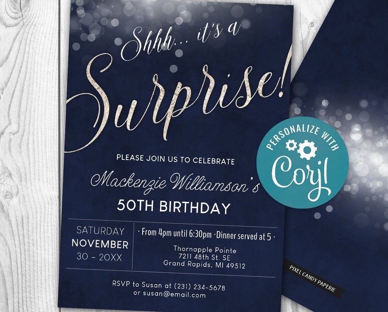 Surprise Birthday Invitation Invite Party ANY AGE Silver Glitter & Dark Blue Digital INSTANT download 5x7 Editable adult mens male womens image 3