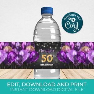 Purple & Gold Water Bottle Label Template, Water Wrappers, Birthday Party Favors Editable, Digital Download BPB BGPG