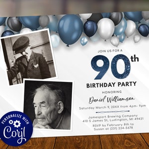 Balloons 90th Birthday Two Photo Invitation - Adult NINETY Birthday Invite - Blue & White - Digital INSTANT download B40 BP40C