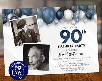 May include: A birthday party invitation with a navy blue and white color scheme. The invitation features a large "90th" with a glitter effect, balloons, and two black and white photos. Text includes party details and RSVP information.
