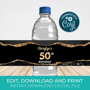 Black & Gold Water Bottle Label Template, Water Wrappers, Birthday Party Favors Editable, Digital Download AGT APBRBG